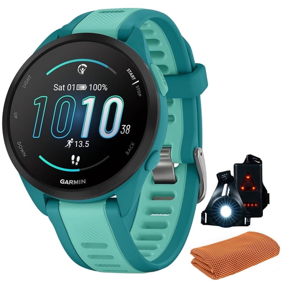 Garmin 010-02863-32 Forerunner 165 Music Smart Sport Watch, Turquoise + Aqua Bundle with Workout Cooling Sport Towel and Deco Essentials Wearable Commuter Front and Rear Safety Light