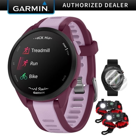 Garmin 010-02863-33 Forerunner 165 Music Smart Sport Watch, Berry + Lilac Bundle with Deco Essentials 2X Tactical Emergency Paracord Bracelet and 2X Screen Protector| Official Garmin USA Dealer