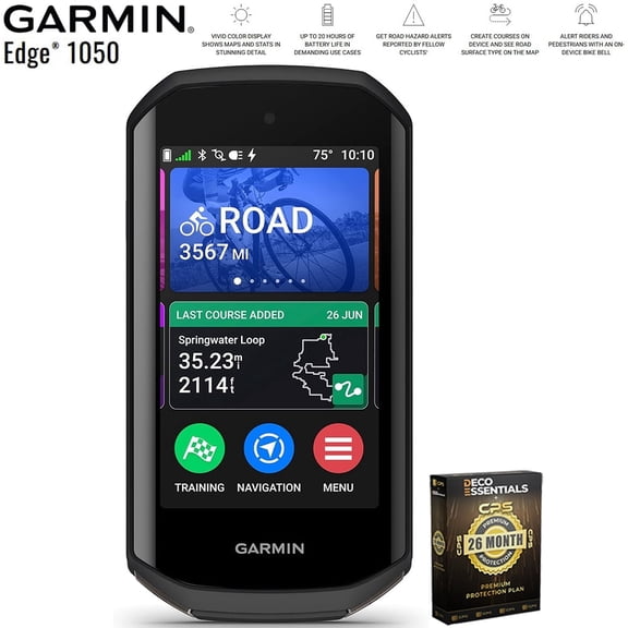 Garmin 010-02890-00 Edge 1050 Premium Cycling Computer, Vivid Color Touchscreen Display Bundle with Deco Essentials Exclusive 26 Month CPS Enhanced Protection Pack