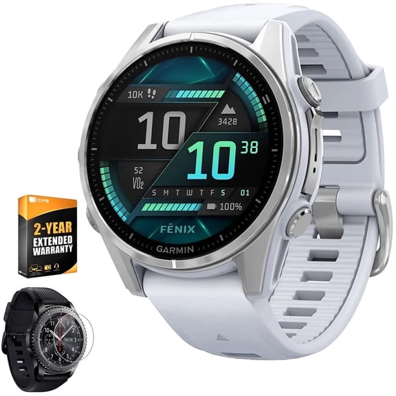 Garmin 010-02903-00 Fenix 8 43 mm, AMOLED, Silver with Whitestone Silicone Band Bundle with 2 YR CPS Enhanced Protection Pack & Round Tempered Glass Screen Protector