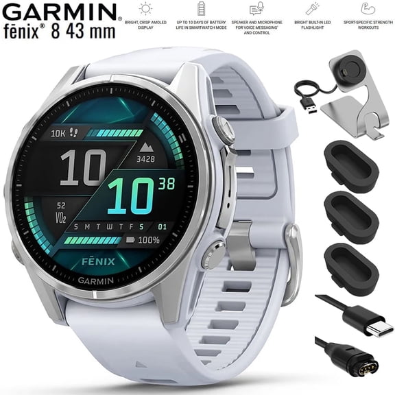 Garmin 010-02903-00 Fenix 8 43 mm AMOLED Silver with Whitestone Silicone Band Bundle with Deco Essentials Charging Dock, Silicone Dust Cover 3 Pack and USB Type C Charging and Sync Cable