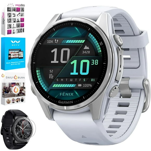 010-02903-00 Fenix 8 43 mm, AMOLED, Silver with Whitestone Silicone Band Bundle with Tech Smart USA Fitness & Wellness Suite + Round Tempered Glass Screen Protector