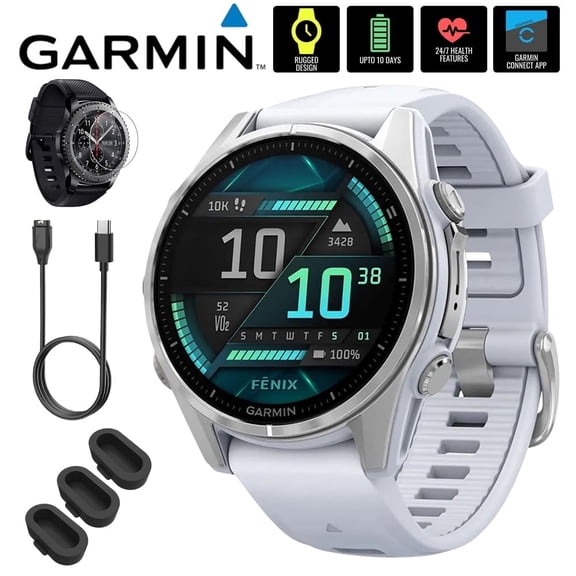 Garmin 010-02903-00 Fenix 8 43mm GPS Smartwatch, AMOLED, Silver with Whitestone Silicone Band Bundle with Screen Protector, 3x Silicone Dust Cover and USB Type C Charging and Sync Cable