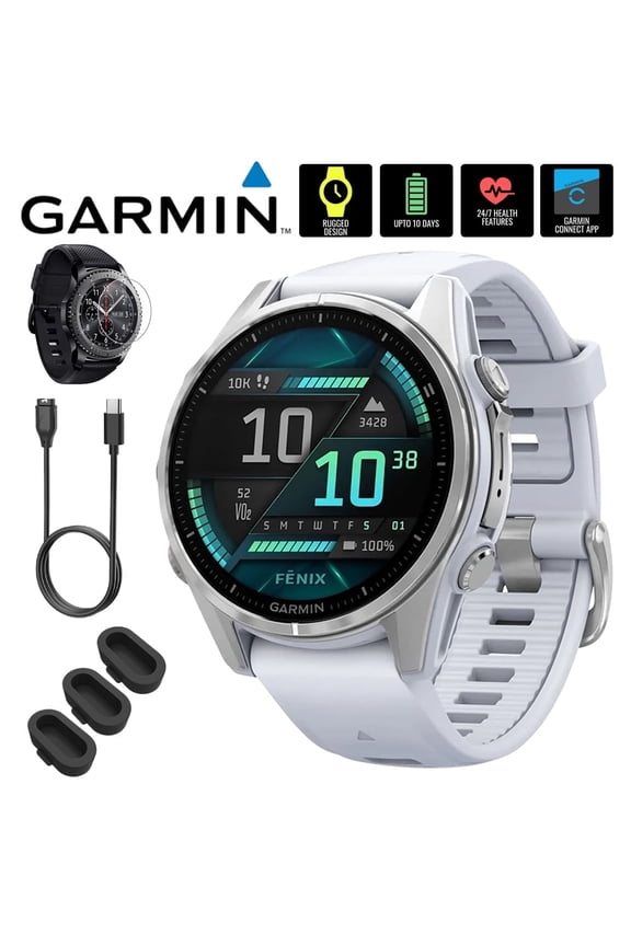 010-02903-00 Fenix 8 43mm GPS Smartwatch, AMOLED, Silver with Whitestone Silicone Band Bundle with Screen Protector, 3x Silicone Dust Cover and USB Type C Charging and Sync Cable