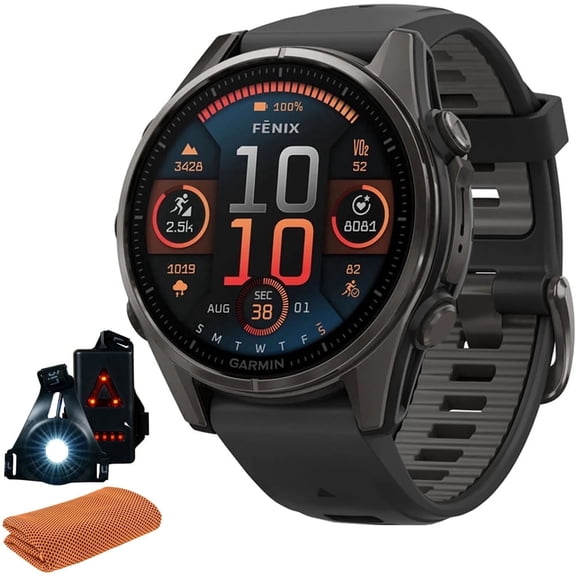 Garmin 010-02903-20 Fenix 8 43 mm, AMOLED, Sapphire,Carbon Gray DLC Titanium w/ Black Silicone Band Bundle with Workout Cooling Sport Towel & Deco Essentials Wearable Front and Rear Safety Light