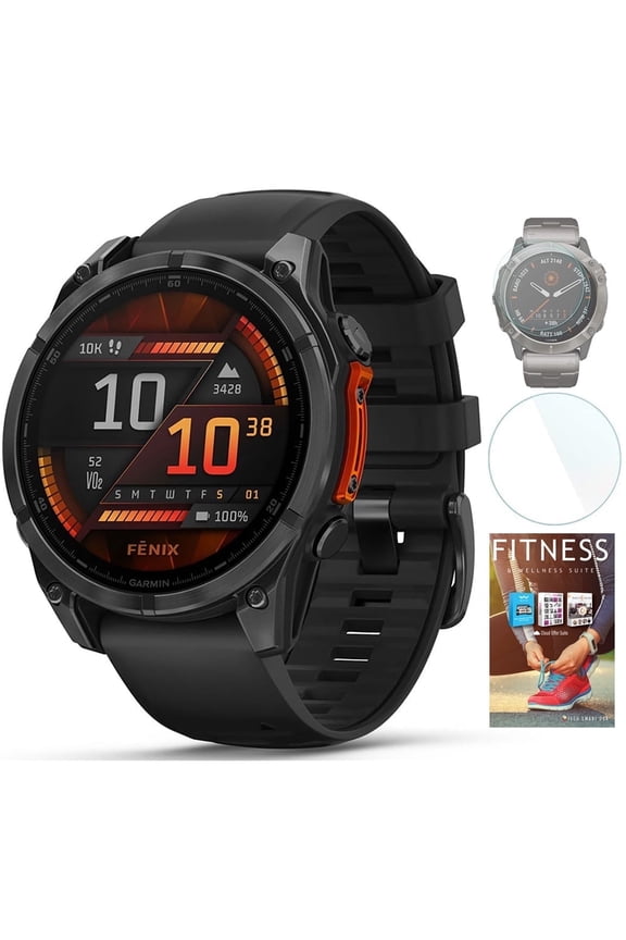 010-02904-00 Fenix 8 47 mm AMOLED Slate Gray with Black Silicone Band Bundle with Tech Smart USA Fitness & Wellness Suite and Deco Essentials 1.4 Inch Screen Protector for Garmin Fenix 6