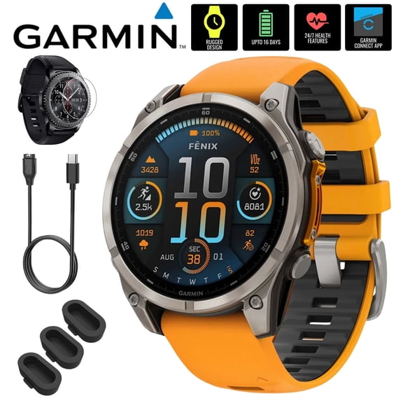 Garmin 010-02904-10 Fenix 8 47mm GPS Smartwatch, AMOLED, Sapphire, Titanium with Spark Orange Silicone Band Bundle with Screen Protector, 3x Silicone Dust Cover and USB Type C Charging and Sync Cable