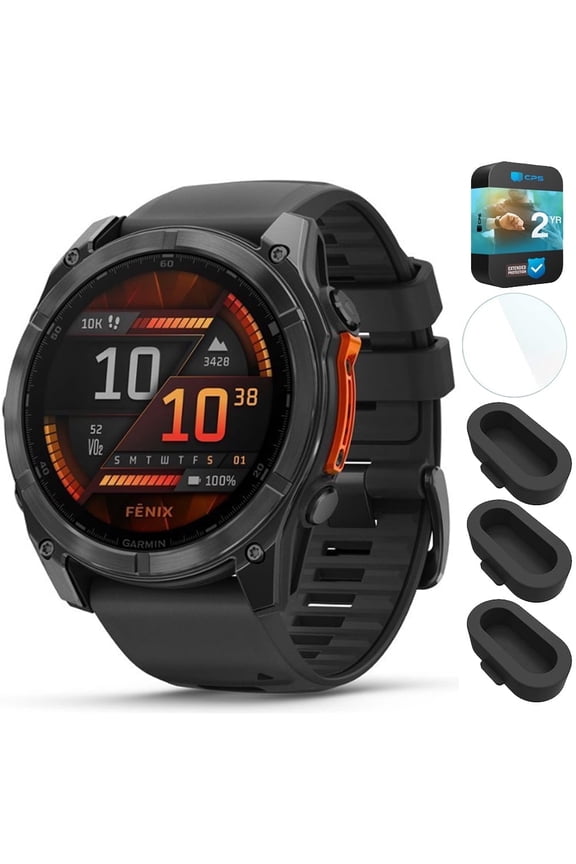 010-02905-00 Fenix 8 51 mm AMOLED Slate Gray with Black Silicone Band Bundle with Silicone Dust Cover 3 Pack, 1.4 Inch Screen Protector and 2 YR CPS Enhanced Protection Pack