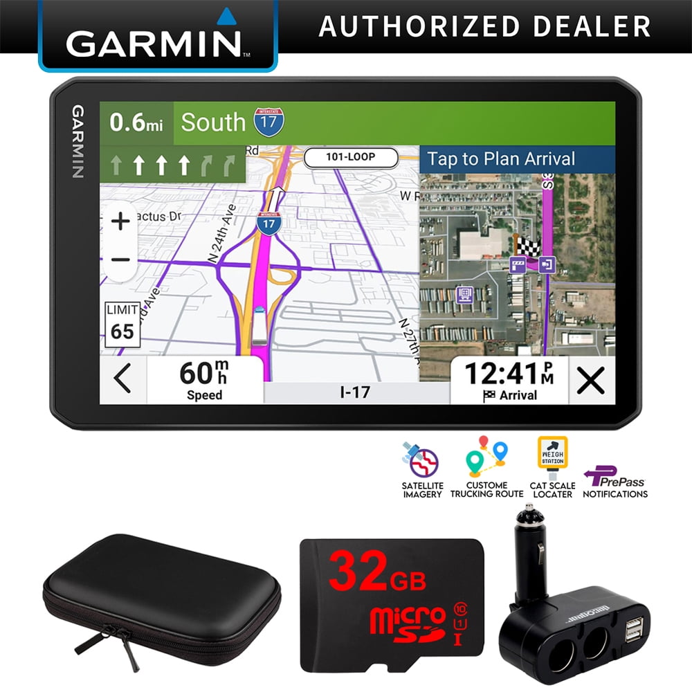 Garmin 010-02924-00 dezl OTR720 7" GPS Truck Navigator, Custom Truck Routing, Satellite Imagery Bundle with Hard EVA Case with Zipper, 32GB MicroSD Card and Deco Gear Dual Multifunction Car Socket