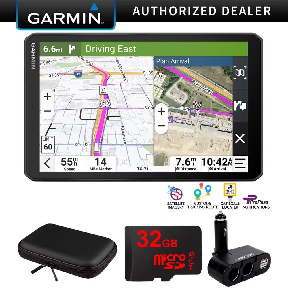 Garmin 010-02925-00 dezl OTR820 8" GPS Truck Navigator, Custom Truck Routing, Satellite Imagery Bundle with Hard EVA Case with Zipper, 32GB MicroSD Card and Deco Gear Dual Multifunction Car Socket