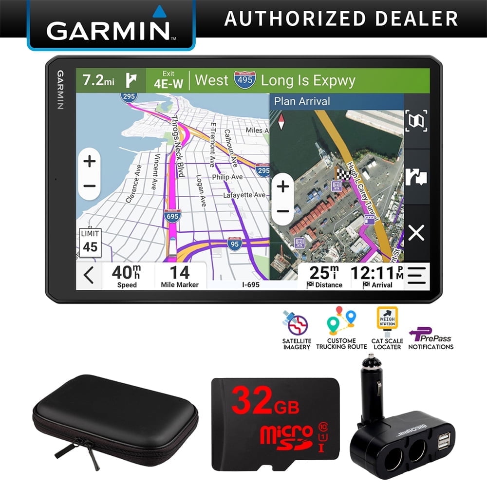 Garmin 010-02926-00 dezl OTR1020 10" GPS Truck Navigator, Custom Truck Routing, Satellite Imagery Bundle with Hard EVA Case with Zipper, 32GB MicroSD Card and Deco Gear Dual Multifunction Car Socket