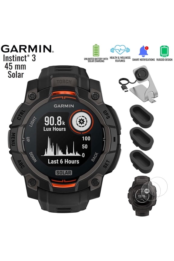 010-02934-00 Instinct 3 - 45 mm Outdoor GPS Smartwatch SOLAR Black with Black Band Bundle with Deco Essentials Charging Dock, Silicone Dust Cover 3 Pack and 2-Pack Screen Protector