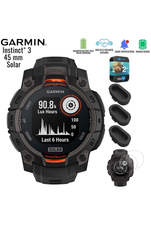 010-02934-00 Instinct 3 - 45 mm Outdoor GPS Smartwatch SOLAR Black with Black Band Bundle with Silicone Dust Cover 3 Pack, Screen Protector 2-Pack and 2 YR CPS Enhanced Protection Pack