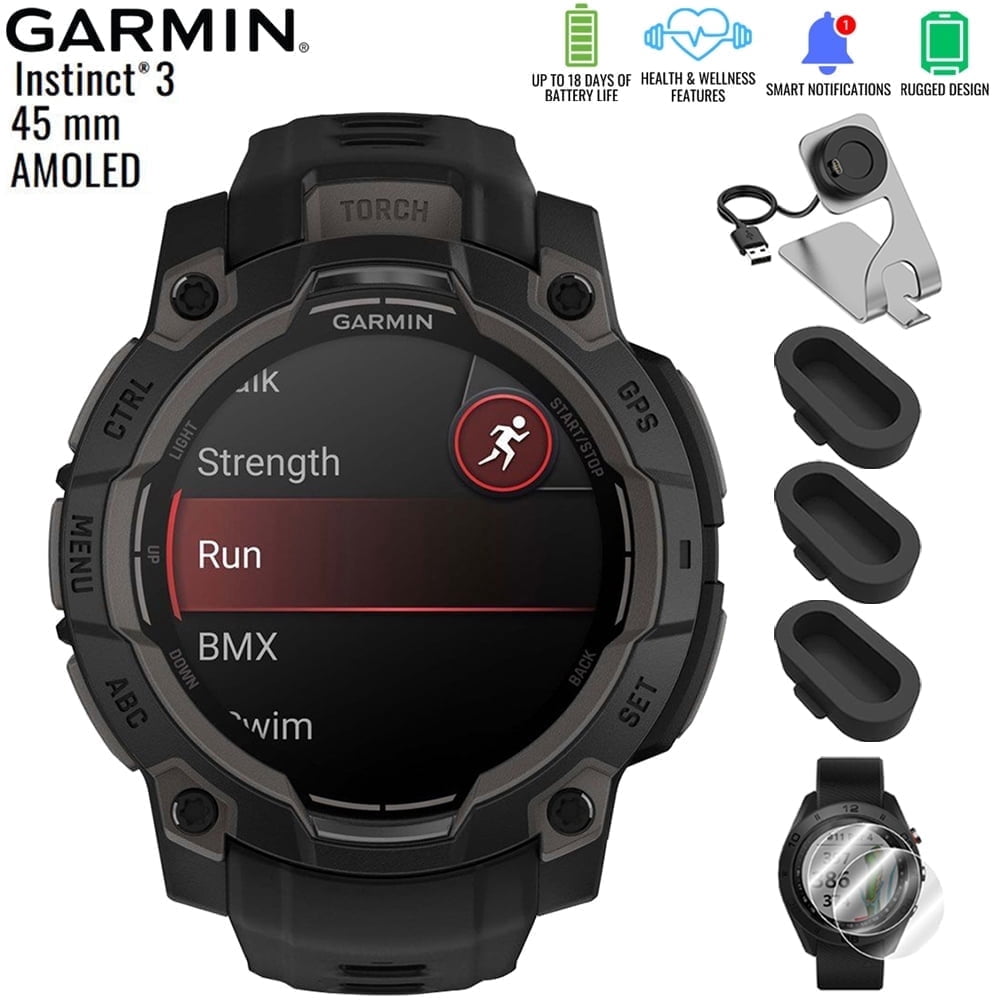 Garmin 010-02936-00 Instinct 3 - 45 mm Outdoor GPS Smartwatch AMOLED Black with Black Band Bundle with Deco Essentials Charging Dock, Silicone Dust Cover 3 Pack and 2-Pack Screen Protector