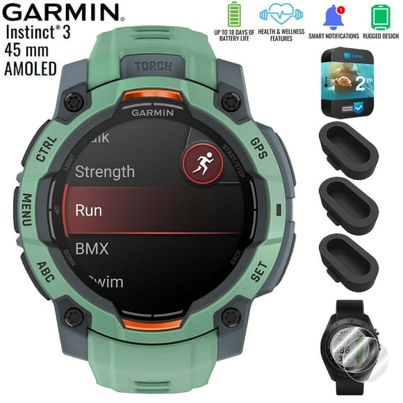 010-02936-01 Instinct 3 - 45 mm Outdoor GPS Smartwatch AMOLED Neo Tropic with Neo Tropic Band Bundle with Dust Cover 3 Pack, 2-Pack Screen Protector and 2 YR CPS Enhanced Protection Pack