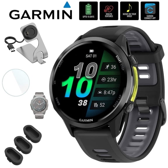 Garmin 010-02969-00 Forerunner 970 GPS Smartwatch, Carbon Gray DLC Titanium and Black Band Bundle with Deco Essentials Charging Dock, 3x Silicone Dust Cover and 2x 1.4 Inch Screen Protector