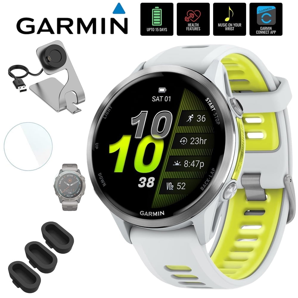 Garmin 010-02969-01 Forerunner 970 GPS Smartwatch, Titanium and Whitestone/Yellow Band Bundle with Deco Essentials Charging Dock, 3x Silicone Dust Cover and 2x 1.4 Inch Screen Protector