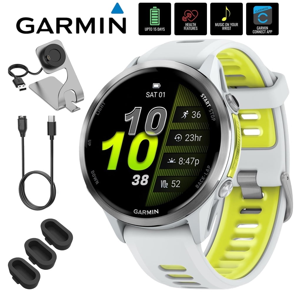 Garmin 010-02969-01 Forerunner 970 GPS Smartwatch, Titanium and Whitestone/Yellow Band Bundle with Deco Essentials Charging Dock, 3x Silicone Dust Cover and USB Type C Charging and Sync Cable