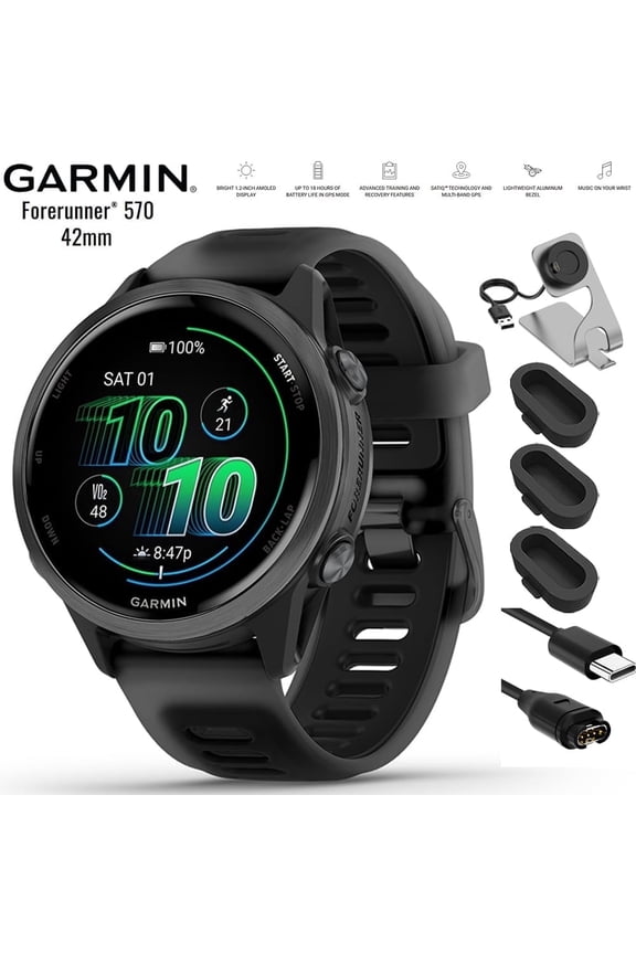 010-02970-00 Forerunner 570 - 42mm GPS Smartwatch Aluminum and Black Band Bundle with Deco Essentials Charging Dock, Silicone Dust Cover 3 Pack and USB Type C Charging and Sync Cable