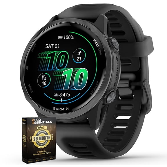 Garmin 010-02970-00 Forerunner 570 - 42mm GPS Smartwatch Aluminum and Black Band Bundle with Deco Essentials Exclusive 26 Month CPS Enhanced Protection Pack