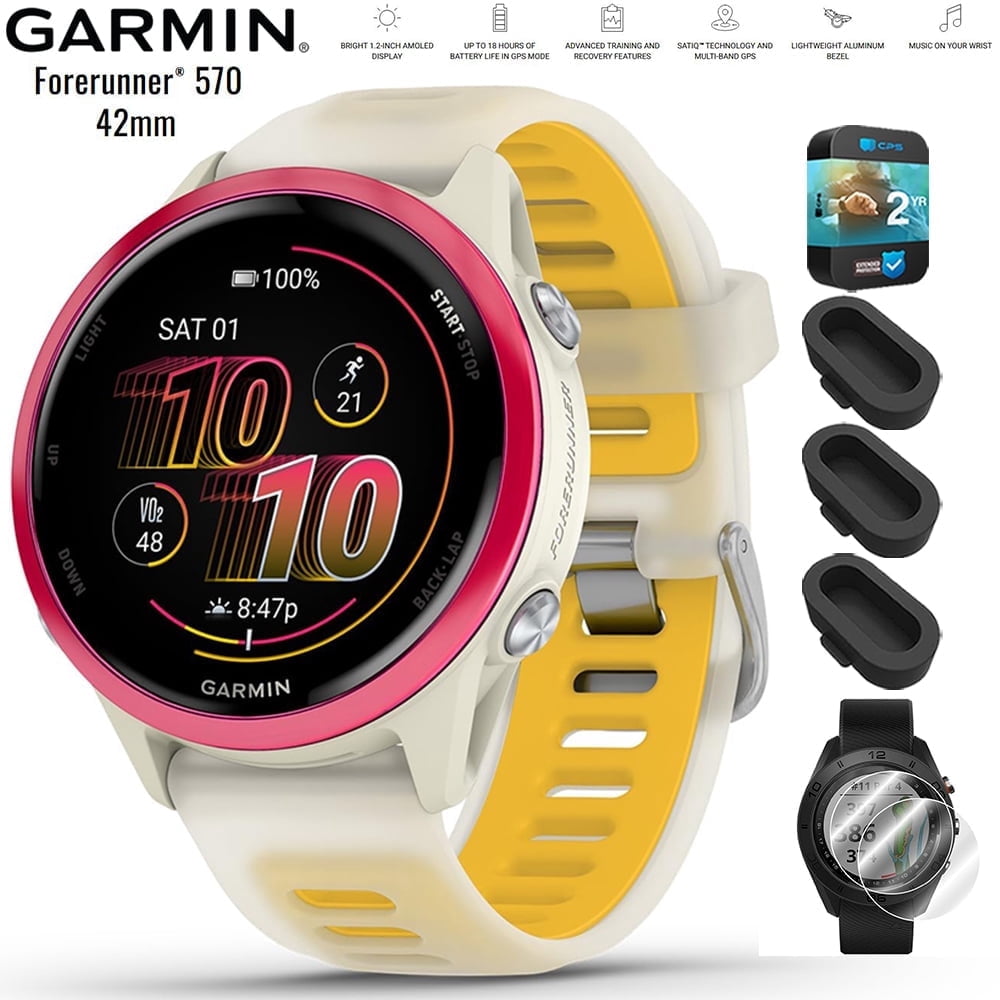 Garmin 010-02970-02 Forerunner 570 - 42mm GPS Smartwatch Aluminum and Bone/Mango Band Band Bundle with Silicone Dust Cover 3 Pack, Screen Protector 2-Pack and 2 YR CPS Enhanced Protection Pack