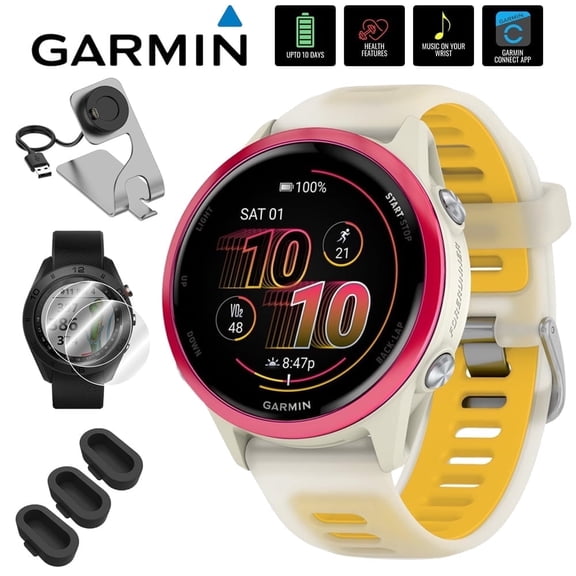 Garmin 010-02970-02 Forerunner 570 42mm GPS Smartwatch, Aluminum and Bone/Mango Band Bundle with Deco Essentials Charging Dock, 3x Silicone Dust Cover and 2x 1.2 Inch Screen Protector
