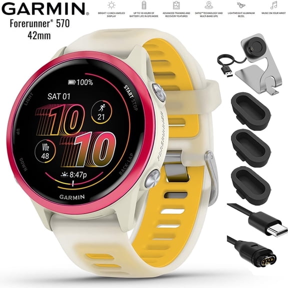 Garmin 010-02970-02 Forerunner 570 - 42mm GPS Smartwatch Aluminum and Bone/Mango Band Bundle with Deco Essentials Charging Dock, Silicone Dust Cover 3 Pack and USB Type C Charging and Sync Cable