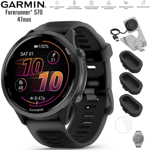 Garmin 010-02971-00 Forerunner 570 - 47mm GPS Smartwatch Aluminum and Black Band Bundle with Deco Essentials Charging Dock, Deco Essentials Silicone Dust Cover 3 Pack and 1.4 Inch Screen Protector