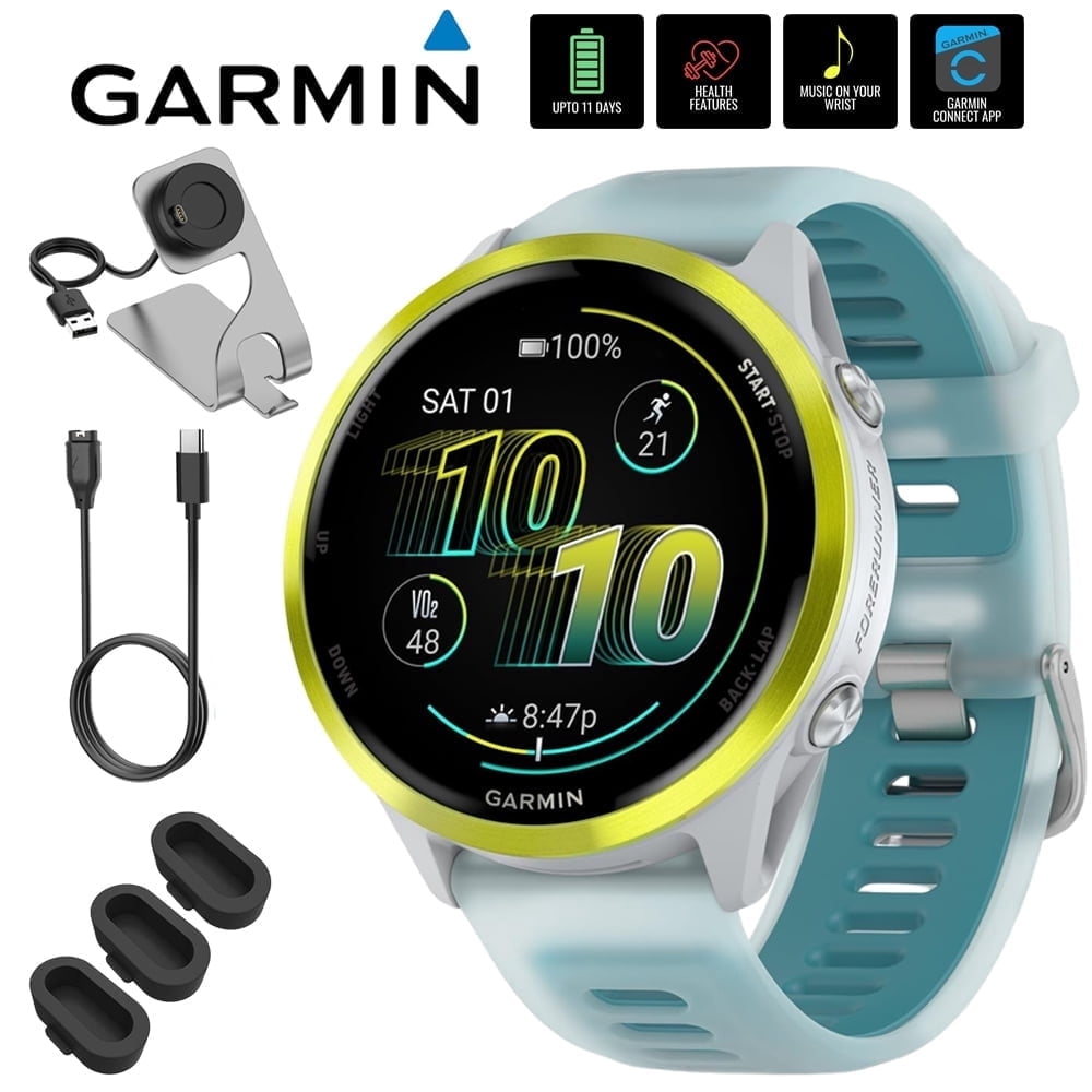 Garmin 010-02971-01 Forerunner 570 - 47mm GPS Smartwatch, Aluminum and Whitestone/Turquoise Band Bundle with Deco Essentials Charging Dock, 3x Silicone Dust Cover and USB Type C Charging & Sync Cable