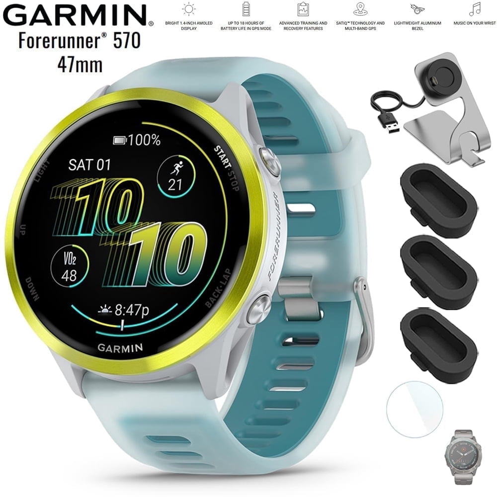 Garmin 010-02971-01 Forerunner 570 - 47mm GPS Smartwatch Aluminum and Whitestone/Turquoise Band Bundle with Deco Essentials Charging Dock, Silicone Dust Cover 3 Pack and 1.4 Inch Screen Protector