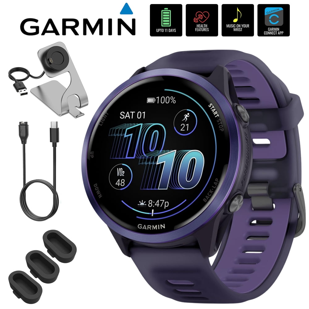 Garmin 010-02971-02 Forerunner 570 - 47mm GPS Smartwatch, Aluminum and Purple/Indigo Band Bundle with Deco Essentials Charging Dock, 3x Silicone Dust Cover and USB Type C Charging and Sync Cable