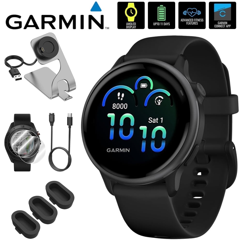 Garmin 010-02985-00 VIVOACTIVE 6 Health & Fitness GPS Smartwatch, Black with Silicone Band Bundle with Deco Essentials Charging Dock, USB Type C Charger, Silicone Dust Covers & 2x Screen Protector