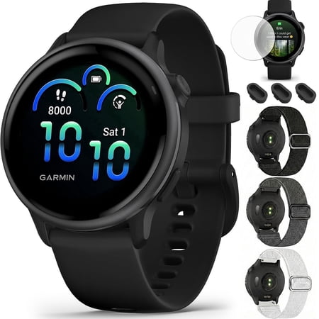 Garmin 010-02985-00 VIVOACTIVE 6 Health and Fitness GPS Smartwatch Black with Silicone Band Bundle with Deco Essentials Nylon Elastic Bands 3 Pack, Dust Cover 3 Pack and Screen Protector 2 Pack