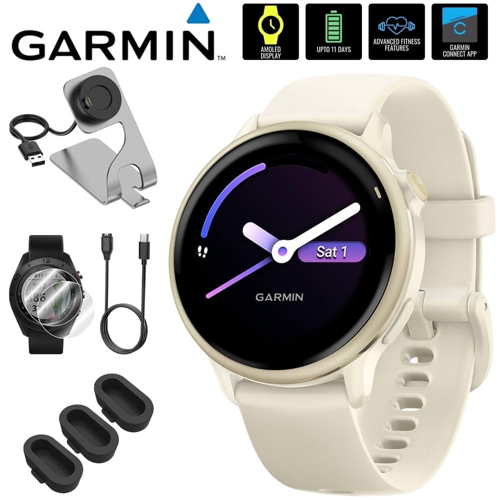 Garmin 010-02985-01 VIVOACTIVE 6 Health & Fitness GPS Smartwatch, Bone with Silicone Band Bundle with Deco Essentials Charging Dock, USB Type C Charger, Silicone Dust Covers & 2-Pack Screen Protector