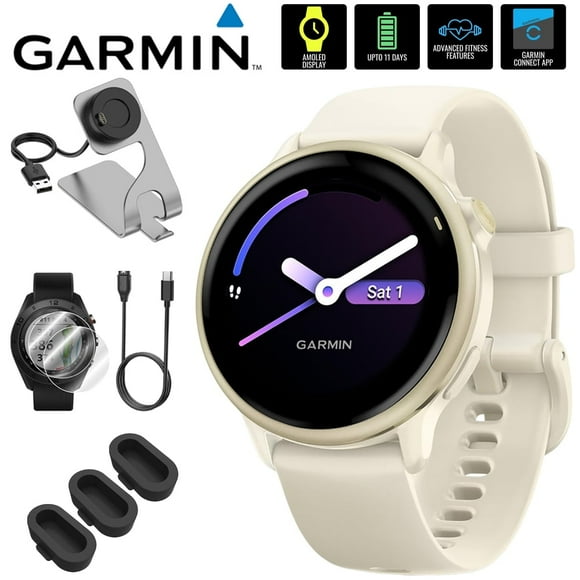 010-02985-01 VIVOACTIVE 6 Health & Fitness GPS Smartwatch, Bone with Silicone Band Bundle with Deco Essentials Charging Dock, USB Type C Charger, Silicone Dust Covers & 2-Pack Screen Protector