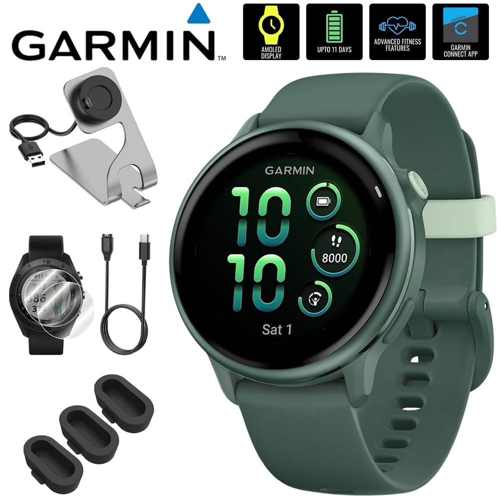 Garmin 010-02985-02 VIVOACTIVE 6 Health & Fitness GPS Smartwatch, Jasper Green with Silicone Band Bundle with Charging Dock, USB Type C Charger, Silicone Dust Covers & 2-Pack Screen Protector