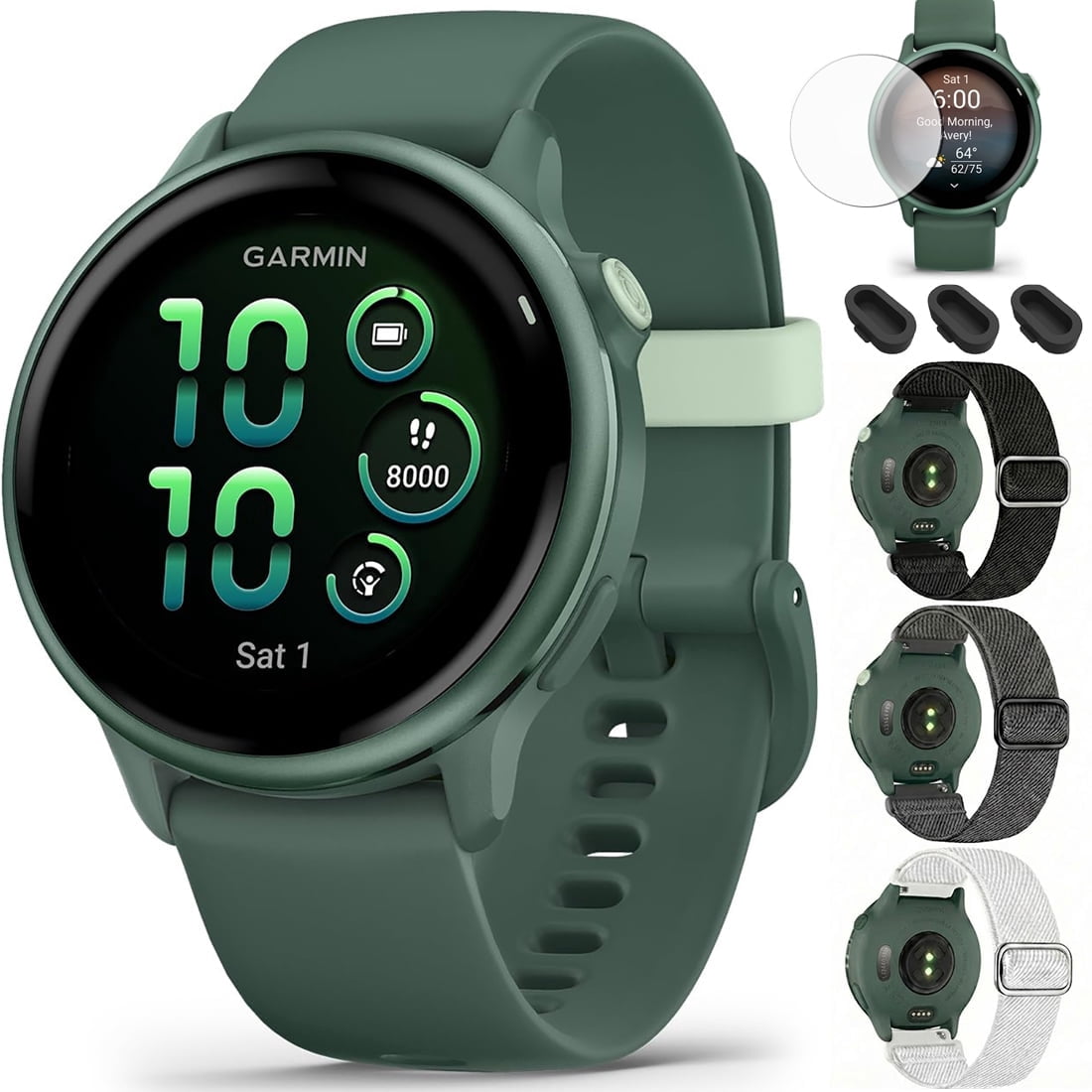 Garmin 010-02985-02 VIVOACTIVE 6 Health & Fitness GPS Smartwatch Jasper Green with Silicone Band Bundle with Deco Essentials Nylon Elastic Bands 3 Pack, Dust Cover 3 Pack and Screen Protector 2 Pack