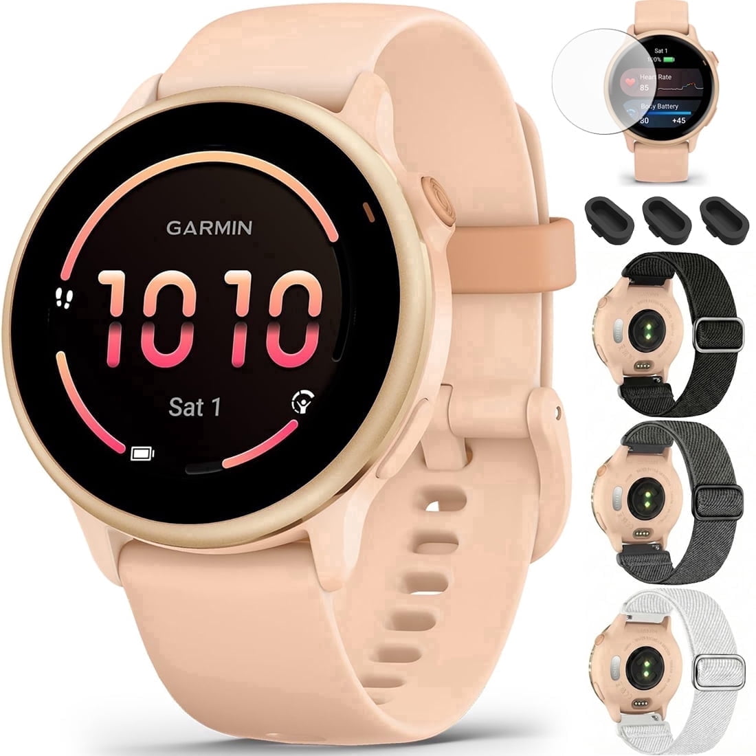 Garmin 010-02985-03 VIVOACTIVE 6 Health and Fitness GPS Smartwatch Pink Dawn with Silicone Band Bundle with Deco Essentials Nylon Elastic Bands 3 Pack, Dust Cover 3 Pack and Screen Protector 2 Pack
