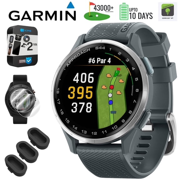 Garmin 010-03009-00 Approach S44 GPS Golf Smartwatch, Silver Aluminum Bezel with Black Silicone Band Bundle with 3x Silicone Dust Cover, 2X 1.2" Screen Protector and 2 YR CPS Extended Warranty