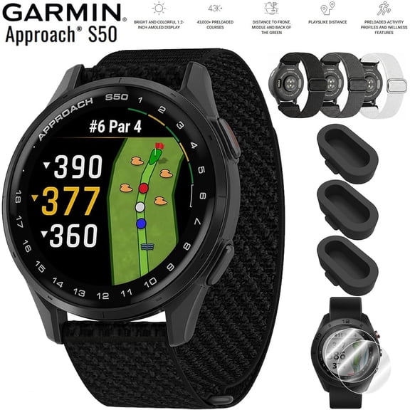 Garmin 010-03010-00 Approach S50 Advanced Golf GPS Smartwatch, AMOLED Display, On-Course Features Bundle with Deco Essentials Nylon Elastic Bands 3 Pack, Dust Cover 3 Pack and Screen Protector 2 Pack