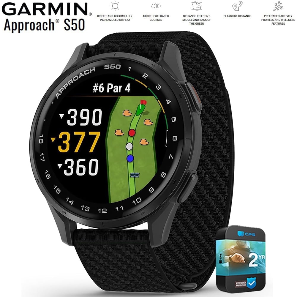 Garmin 010-03010-00 Approach S50, Advanced Golf GPS Smartwatch, AMOLED Display, On-Course Features Bundle with 2 YR CPS Enhanced Protection Pack