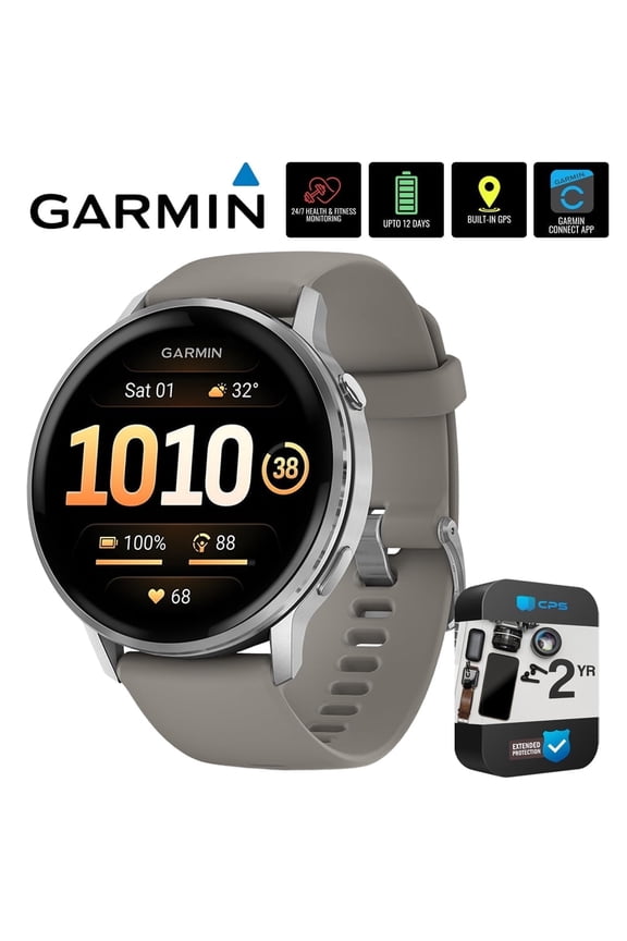 010-03014-01 Venu 4, 45 mm Health & Fitness GPS Smartwatch, Silver with Silver Gray Band Bundle with 2 YR CPS Extended Warranty