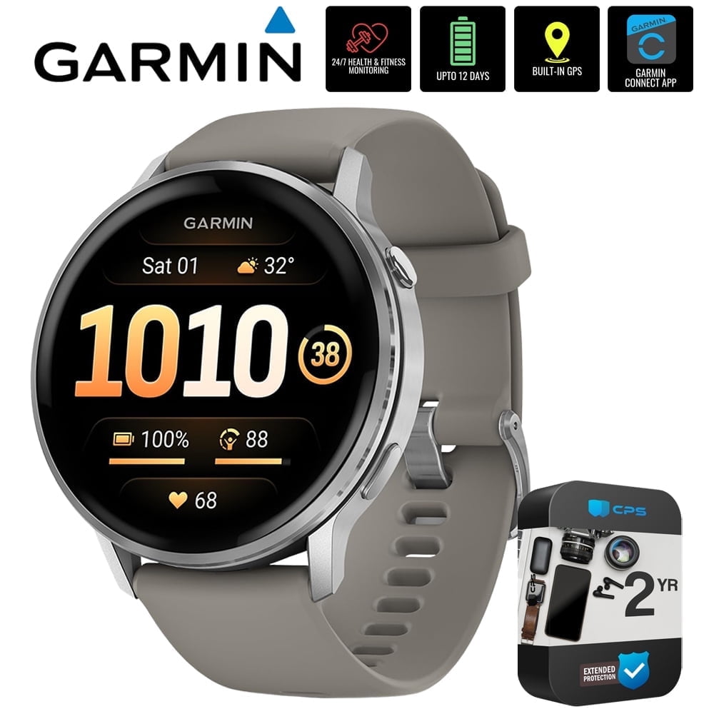 Garmin 010-03014-01 Venu 4, 45 mm Health & Fitness GPS Smartwatch, Silver with Silver Gray Band Bundle with 2 YR CPS Extended Warranty