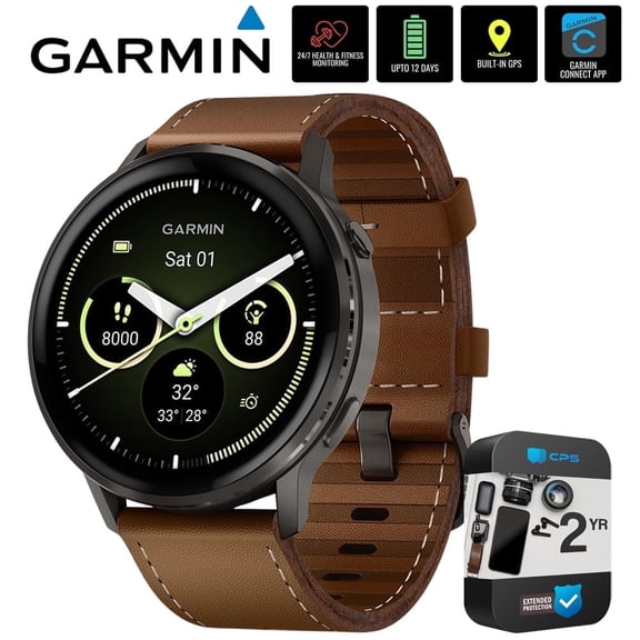 Garmin 010-03014-03 Venu 4, 45 mm Smartwatch, Slate with Black Band and Brown Leather Band Bundle with 2 YR CPS Extended Warranty