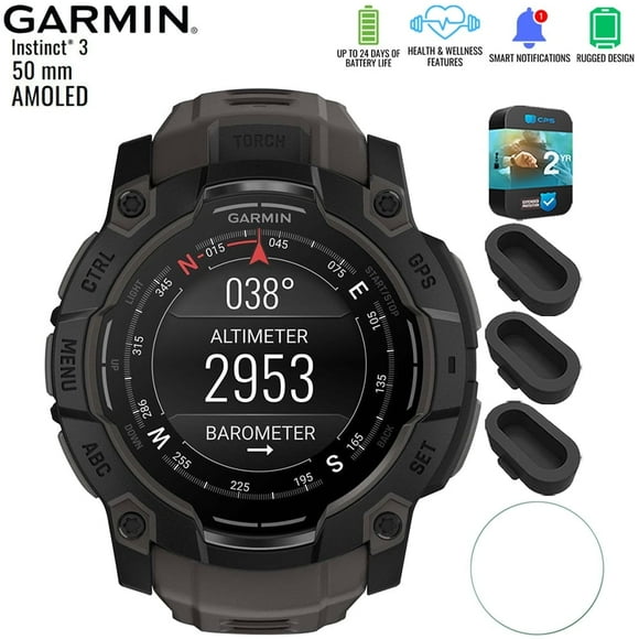 010-03020-00 Instinct 3 - 50 mm Outdoor GPS Smartwatch AMOLED Black with Black Band Bundle with Silicone Dust Cover 3 Pack, Screen Protector and 2 YR CPS Enhanced Protection Pack