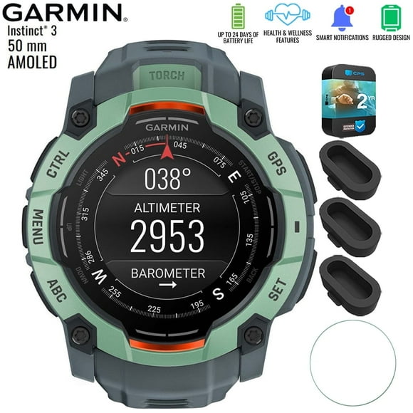 010-03020-01 Instinct 3 - 50 mm Outdoor GPS Smartwatch AMOLED Neo Tropic with Twilight Band Bundle with Silicone Dust Cover 3 Pack, Screen Protector and 2 YR CPS Enhanced Protection Pack