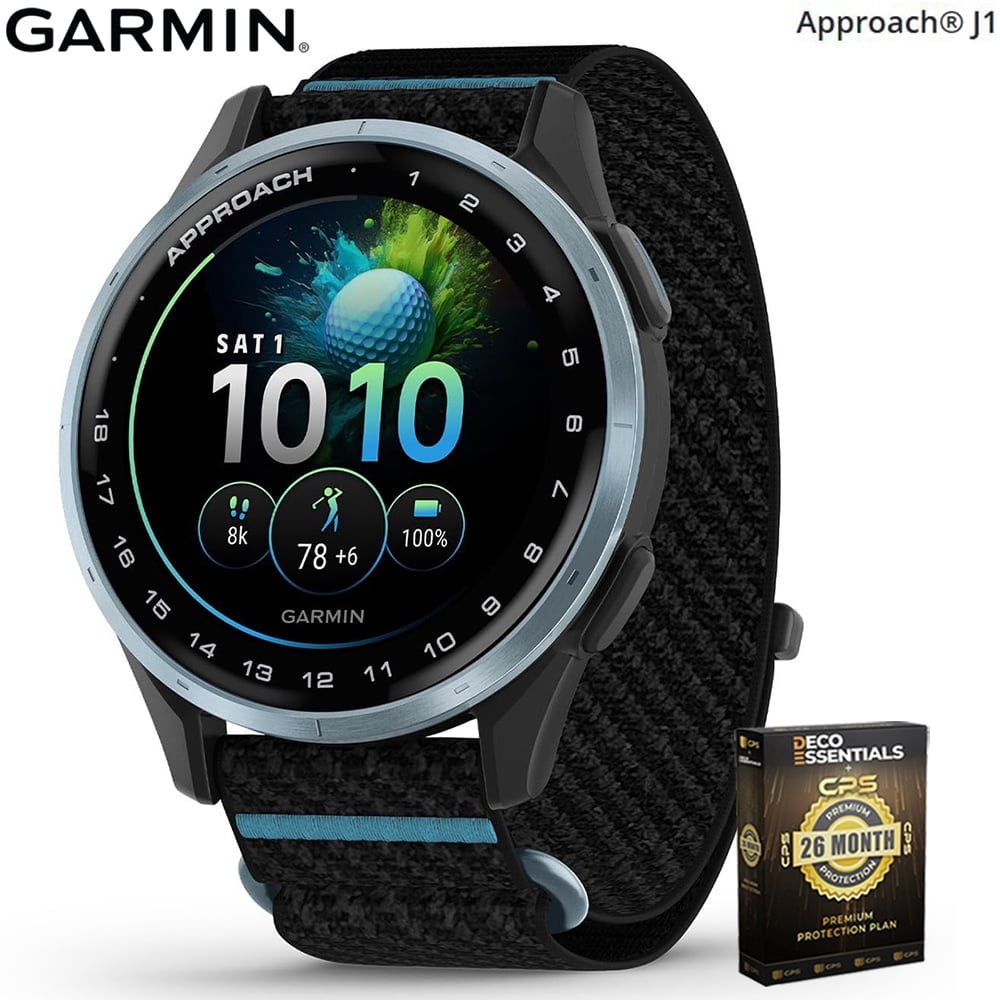 Garmin 010-03898-00 Approach J1 Cloud Blue Aluminum Bezel with Black/Azure ComfortFit Fabric Band Bundle with Deco Essentials Exclusive 26 Month CPS Enhanced Protection Pack