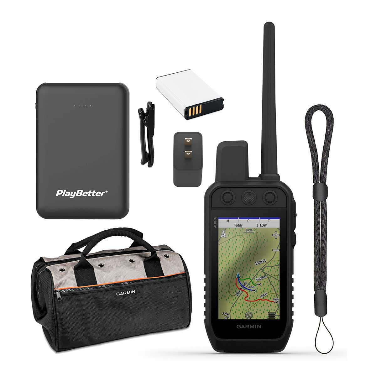 Garmin Alpha 300 (GPS Only) Dog Tracker Handheld Bundle with Garmin Field Bag, PlayBetter Portable Charger & Tether Lanyard