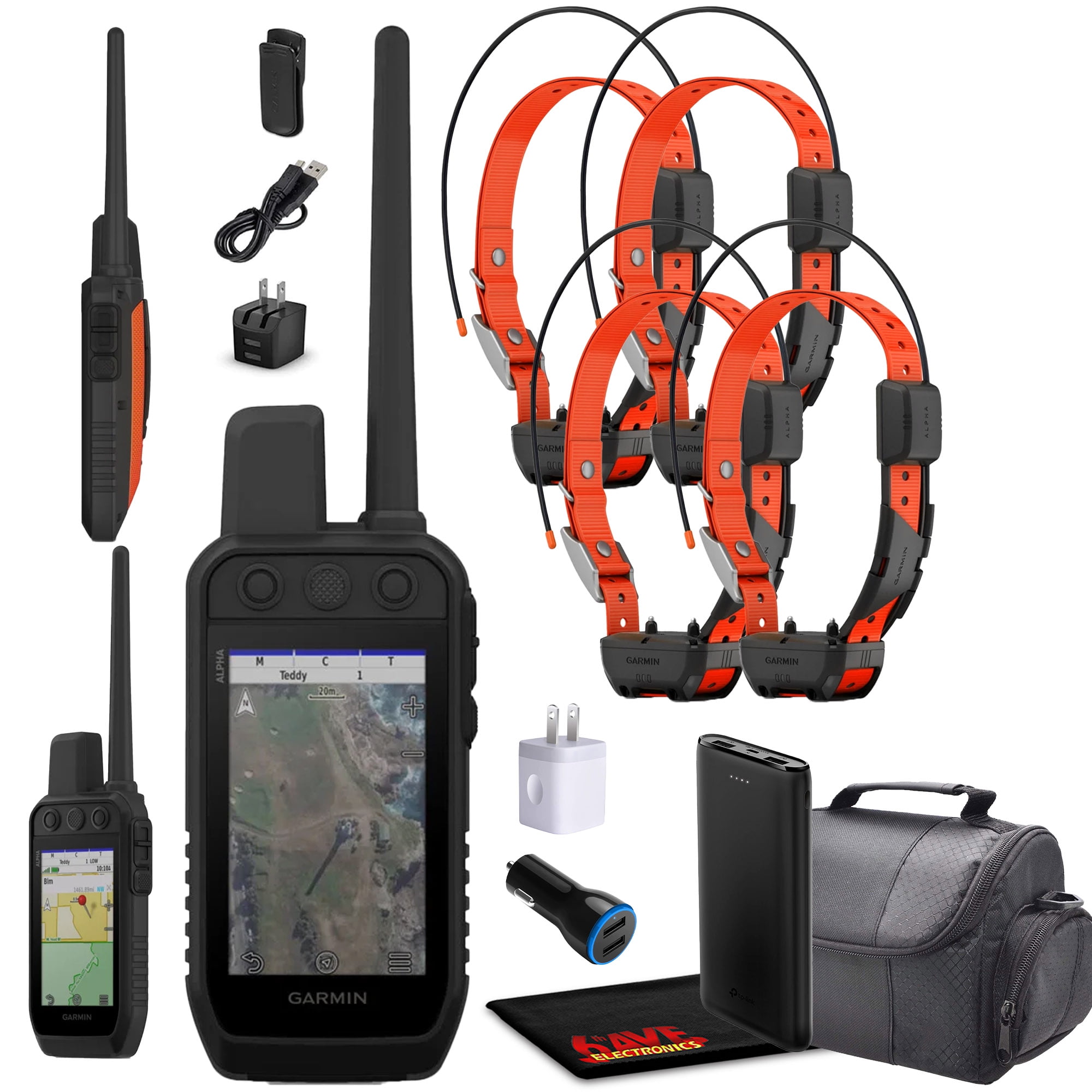 Garmin Alpha 300 Handheld Advanced Tracking and Training System For Hunting Dogs Bundle with 4x Garmin Dog Collars Alpha TT25 Dog Tracker and Training Collar with GPS + Field Bag and More