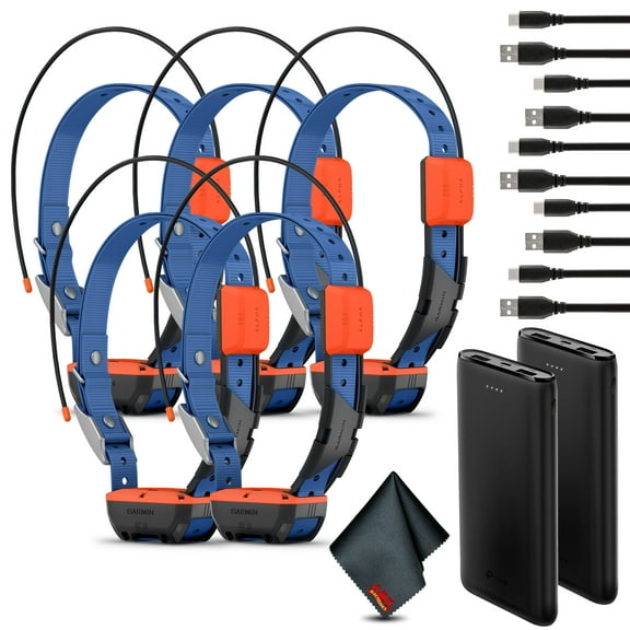 Garmin Alpha T20 GPS Dog Tracking Collar, Location Tracker Collar With Multicolor Led Beacon Lights and Universal Size Bundle with 2x Portable Charger (5x Collars Bundle)